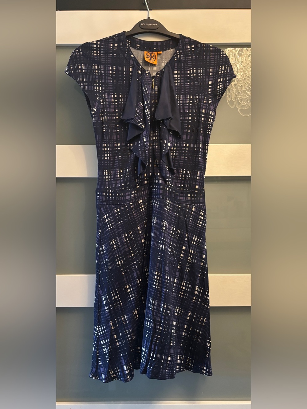 Tory Burch Navy Ruffle Print Dress Size Small